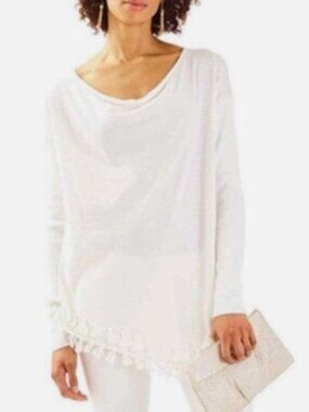 Lilly Pulitzer Womens Size XS Ferrara White Fringe Asymmetrical Hem Sweater Top
